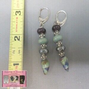925 Silver Elegant dangles of olive grey, silver & blue green swirled earrings !